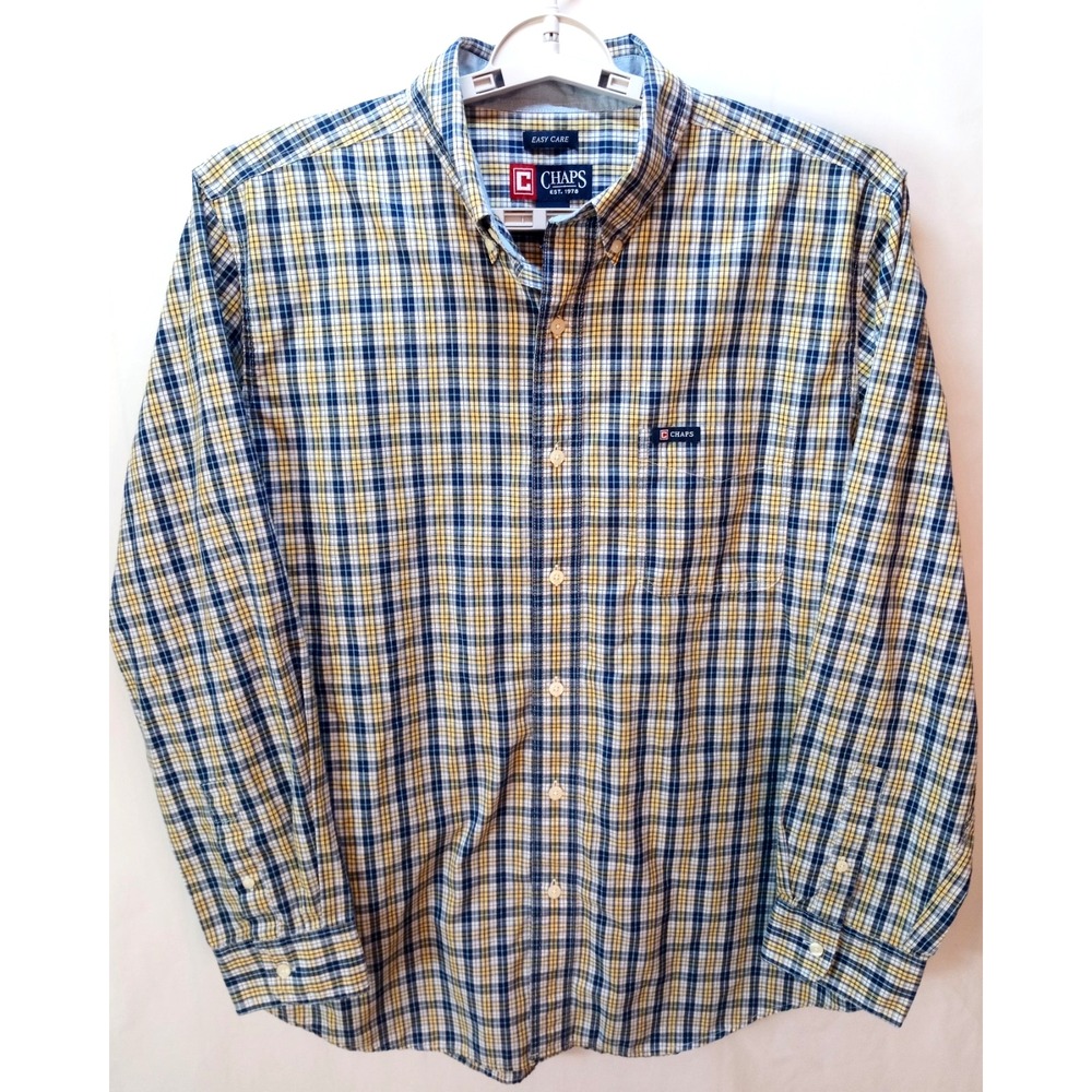 Chaps Easy Care Long Sleeve Button Down Men's Shirt, Large, Yellow Blue Plaid